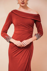 Burgundy Evening Gowns Long Sleevess Jersey Unique neckline Evening Party Gowns-Dbrbridal