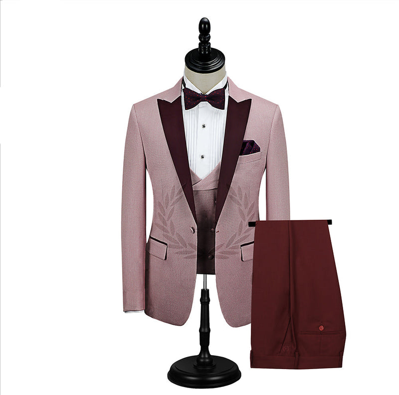 Burgundy Peak Lapel Men's Prom Suits Latest Pink One Button Wedding Tuxedos-Dbrbridal