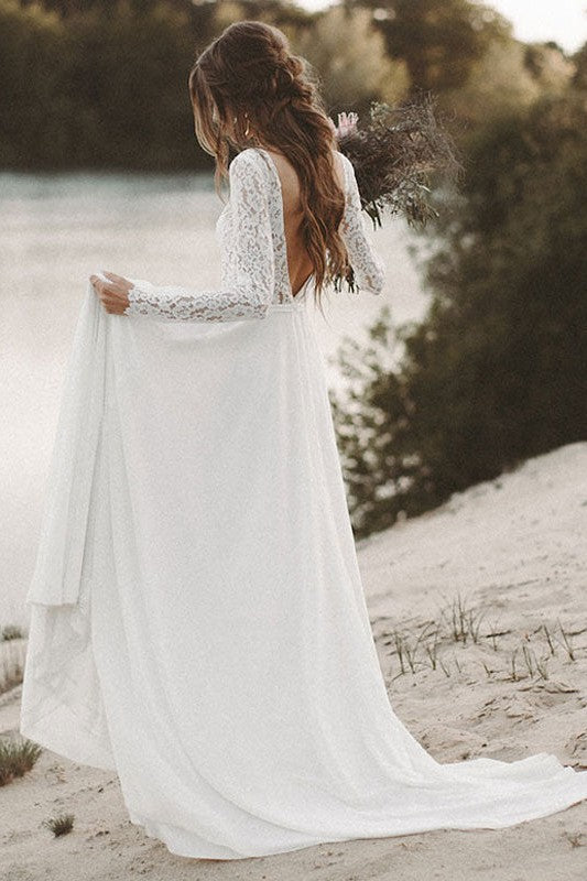 Casual Wedding Dress A-line Chic V-Neck Long Sleeve Long Chiffon Lace Beach Wedding Dresses-Dbrbridal