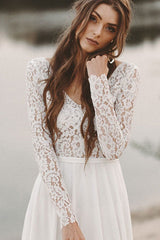 Casual Wedding Dress A-line Chic V-Neck Long Sleeve Long Chiffon Lace Beach Wedding Dresses-Dbrbridal