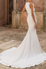 Casual Wedding Dress Lycra Spandex Jewel Neck Sleeveless Lace Mermaid Bridal Gowns-Dbrbridal