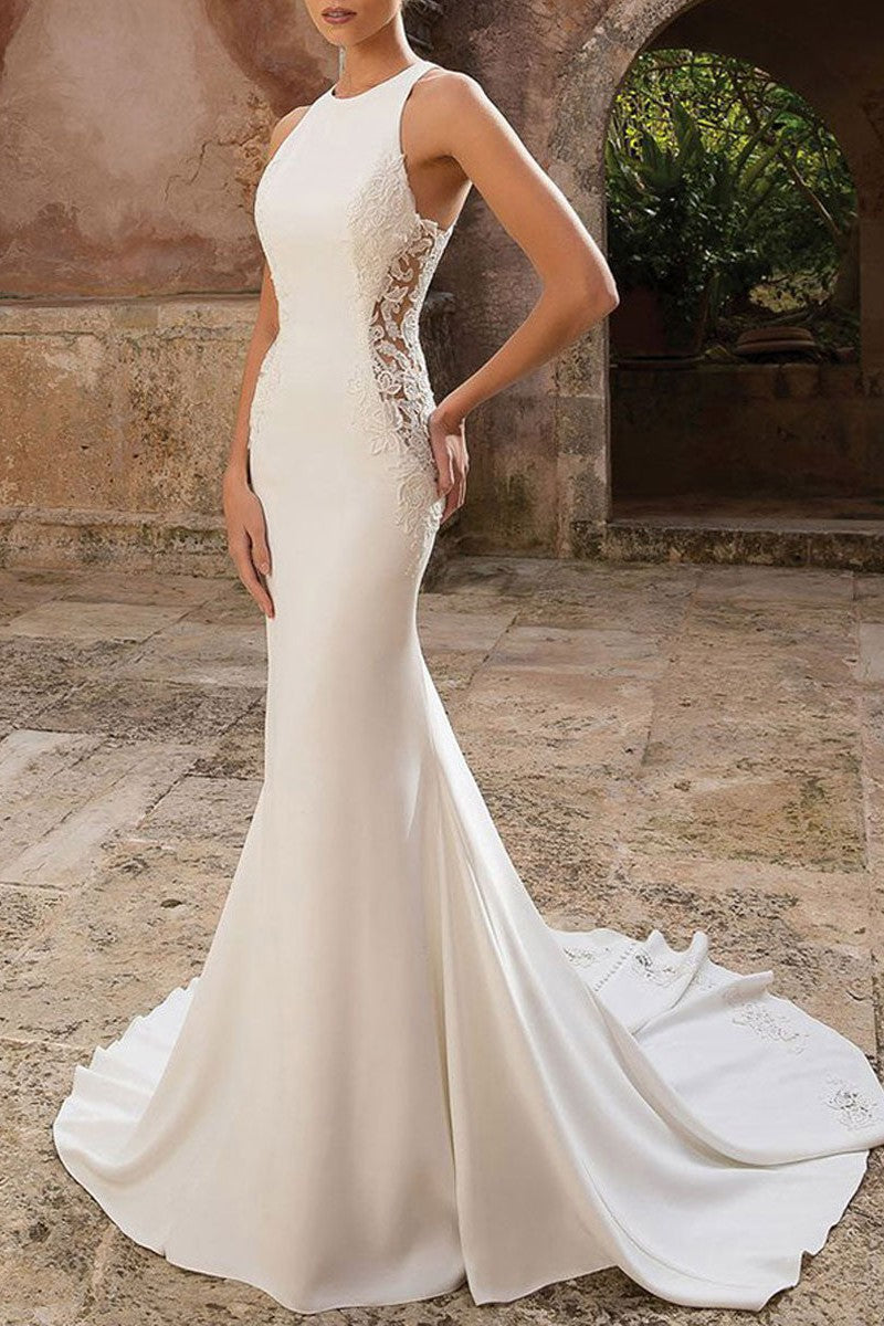 Casual Wedding Dress Lycra Spandex Jewel Neck Sleeveless Lace Mermaid Bridal Gowns-Dbrbridal