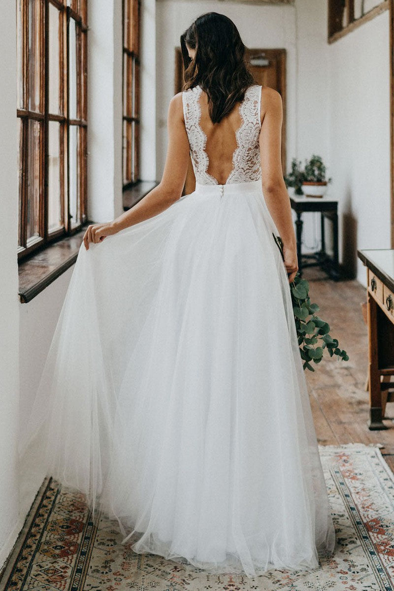 Casual Wedding Dress Tulle A-line Chic V-Neck Sleeveless Lace Long Bridal Gowns-Dbrbridal