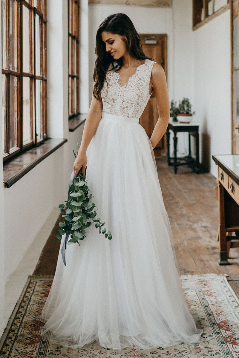 Casual Wedding Dress Tulle A-line Chic V-Neck Sleeveless Lace Long Bridal Gowns-Dbrbridal