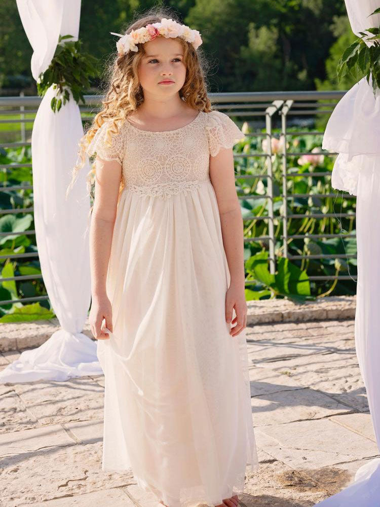 Champagne Jewel Neck Short Sleeves Lace Formal Kids Pageant flower girl dresses-Dbrbridal