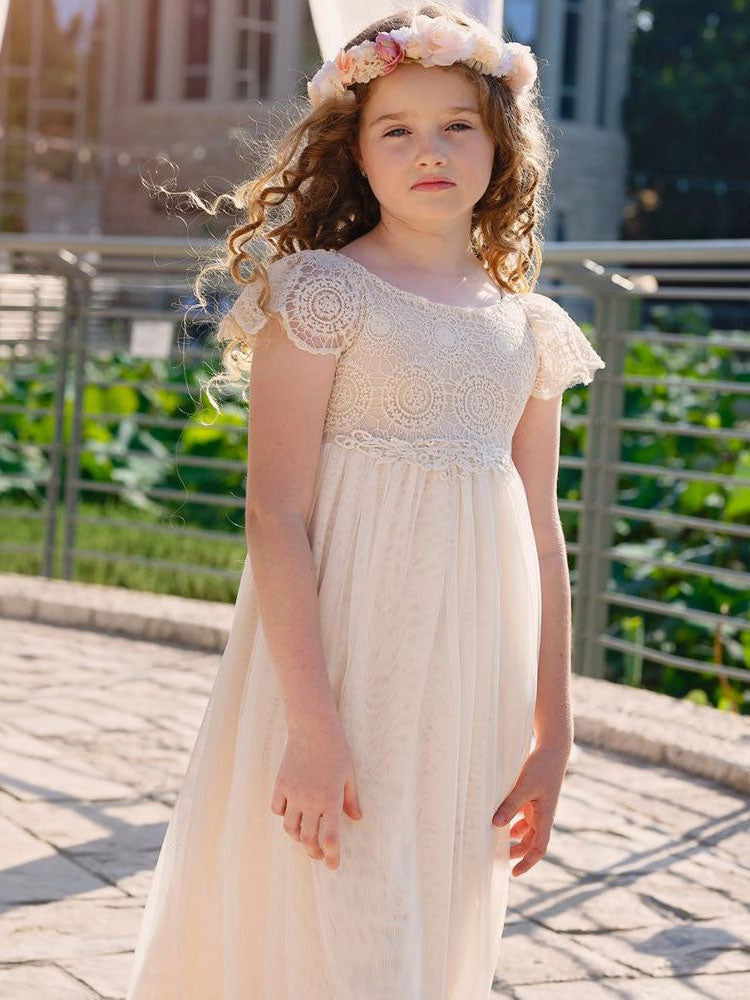 Champagne Jewel Neck Short Sleeves Lace Formal Kids Pageant flower girl dresses-Dbrbridal