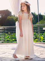 Champagne Jewel Neck Short Sleeves Lace Formal Kids Pageant flower girl dresses-Dbrbridal