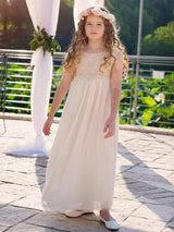 Champagne Jewel Neck Short Sleeves Lace Formal Kids Pageant flower girl dresses-Dbrbridal