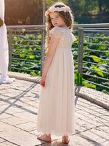 Champagne Jewel Neck Short Sleeves Lace Formal Kids Pageant flower girl dresses-Dbrbridal