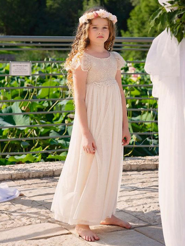 Champagne Jewel Neck Short Sleeves Lace Formal Kids Pageant flower girl dresses-Dbrbridal