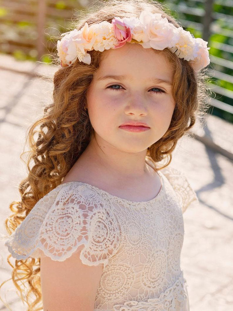 Champagne Jewel Neck Short Sleeves Lace Formal Kids Pageant flower girl dresses-Dbrbridal