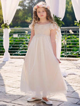 Champagne Jewel Neck Short Sleeves Lace Formal Kids Pageant flower girl dresses-Dbrbridal