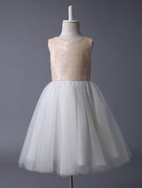 Champagne Sequin Tulle Pageant Dress A-line Short Dinner Dress With Bow Sash-Dbrbridal