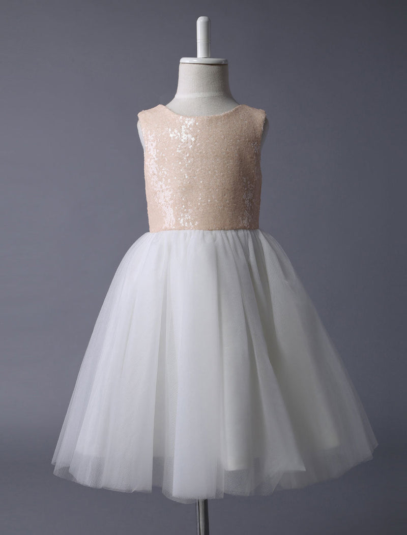 Champagne Sequin Tulle Pageant Dress A-line Short Dinner Dress With Bow Sash-Dbrbridal