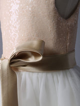 Champagne Sequin Tulle Pageant Dress A-line Short Dinner Dress With Bow Sash-Dbrbridal