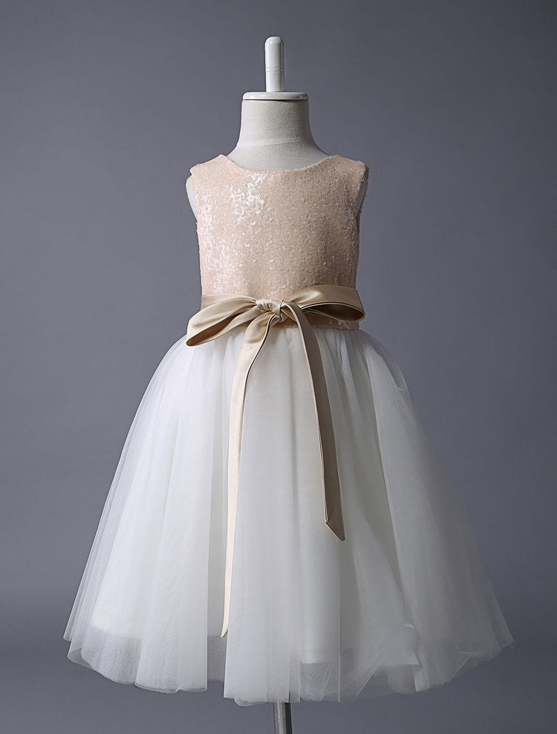 Champagne Sequin Tulle Pageant Dress A-line Short Dinner Dress With Bow Sash-Dbrbridal