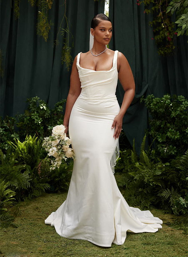 Charmeuse Mermaid Fitted Wedding Dress Cowl Neck Sleeveless Design Sweep Train-Dbrbridal