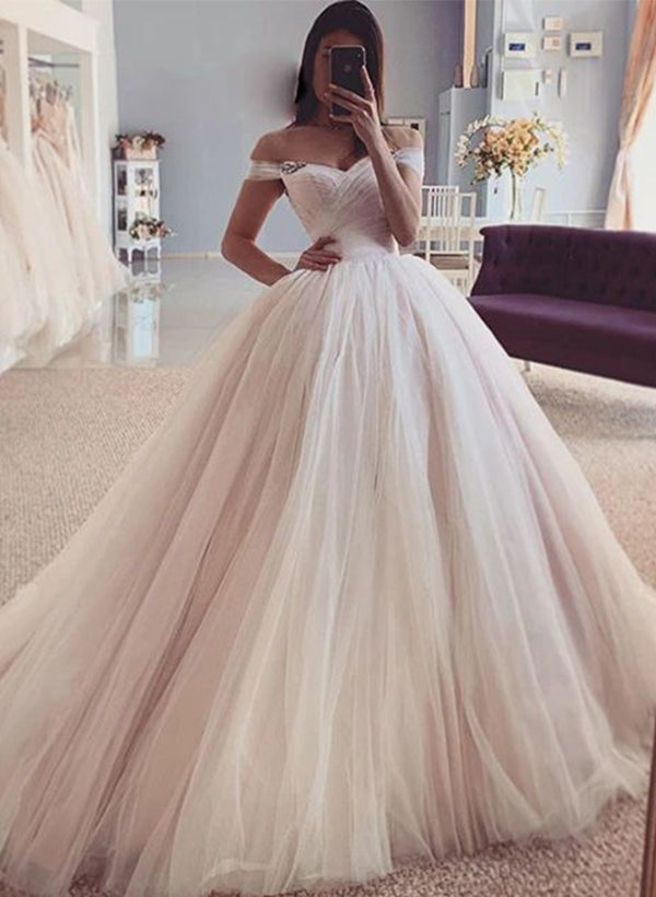 Charming Open Back Off-the-Shoulder Ball-Gown Wedding Dresses-Dbrbridal