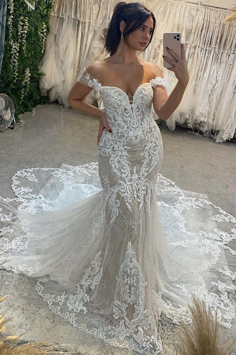 Charming Sweetheart Off-the-Shoulder Sleeveless Mermaid Lace Bridal Gown-Dbrbridal