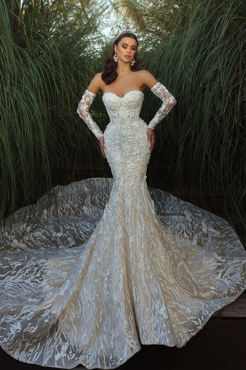 Charming Sweetheart Sleeveless Mermaid Lace Bridal Gown with Cathedral Train-Dbrbridal