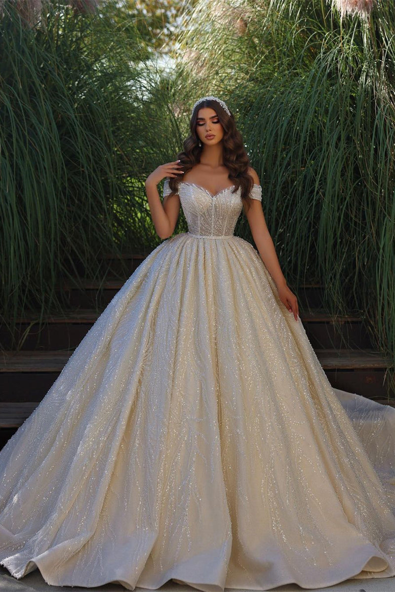 Charming Sweetheart Sleeveless Off-the-Shoulder Lace Bridal Gown With Ruffles Long-Dbrbridal