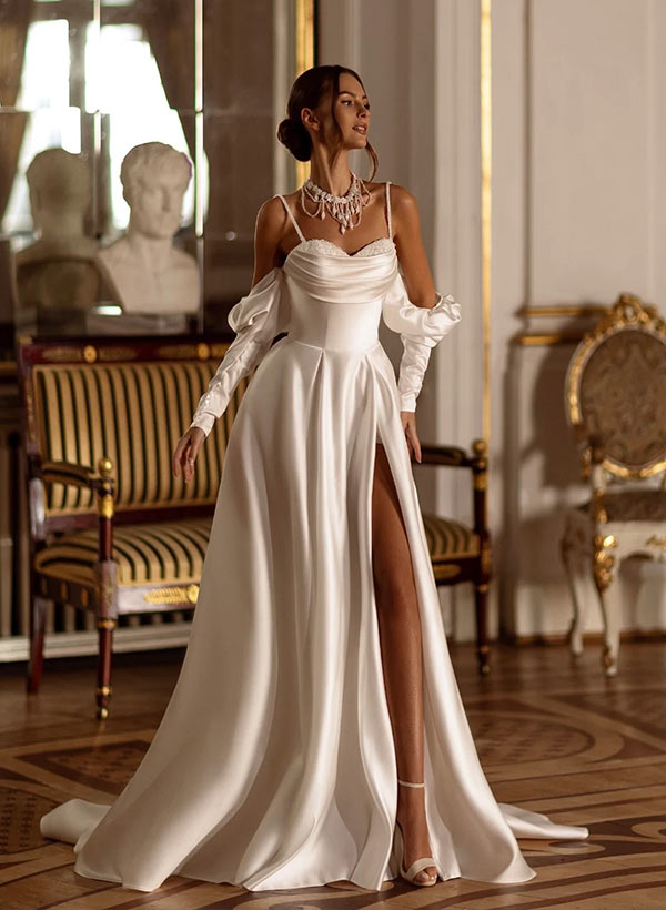 Chic A-line Elegant Sweetheart Court Train Satin Wedding Dresses-Dbrbridal