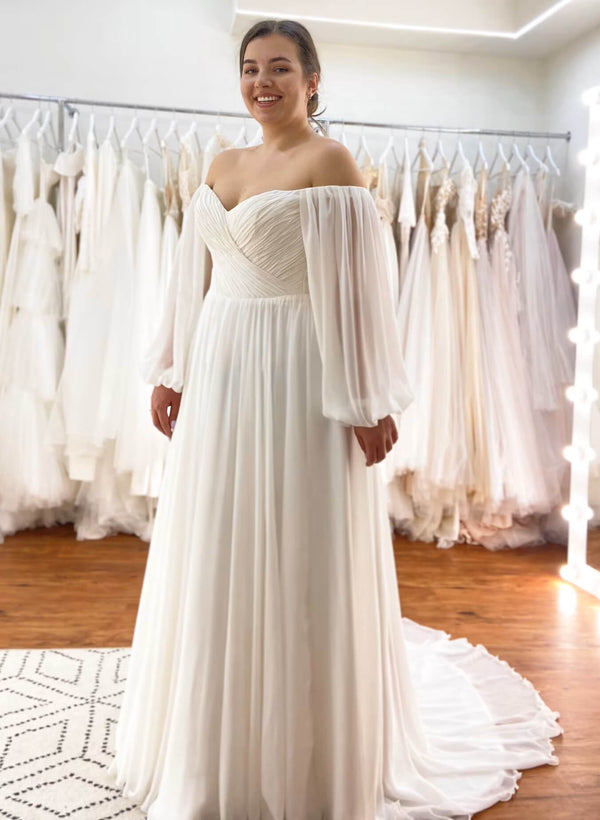 Chic A-line Elegant Sweetheart Long Sleeves Sweep Train Chiffon Wedding Dresses-Dbrbridal