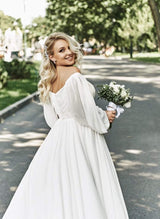 Chic A-line Elegant Sweetheart Long Sleeves Sweep Train Chiffon Wedding Dresses-Dbrbridal