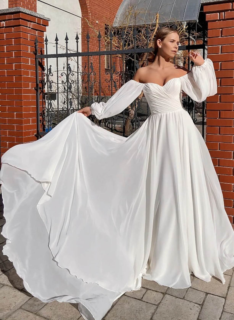 Chic A-line Elegant Sweetheart Long Sleeves Sweep Train Chiffon Wedding Dresses-Dbrbridal