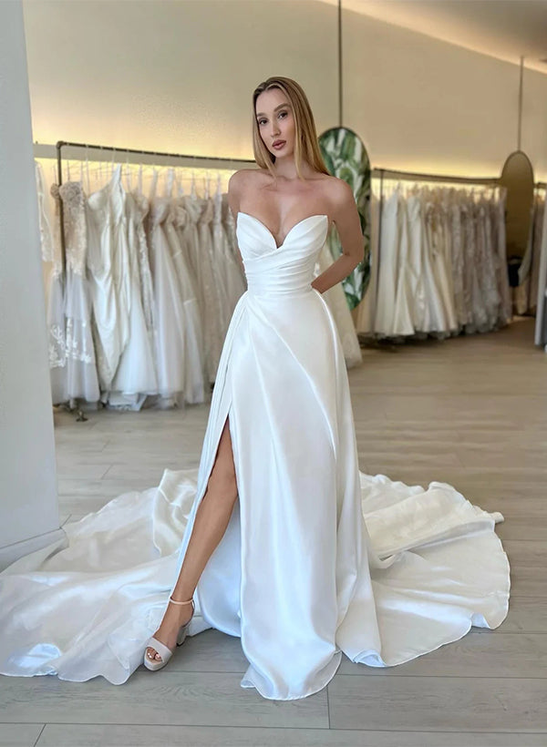 Chic A-line Elegant Sweetheart Long Sleeves Wedding Dresses Split Front-Dbrbridal