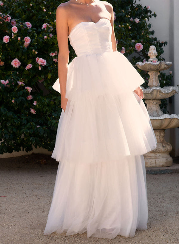 Chic A-line Elegant Sweetheart Sleeveless Floor-Length Tulle Wedding Dresses-Dbrbridal