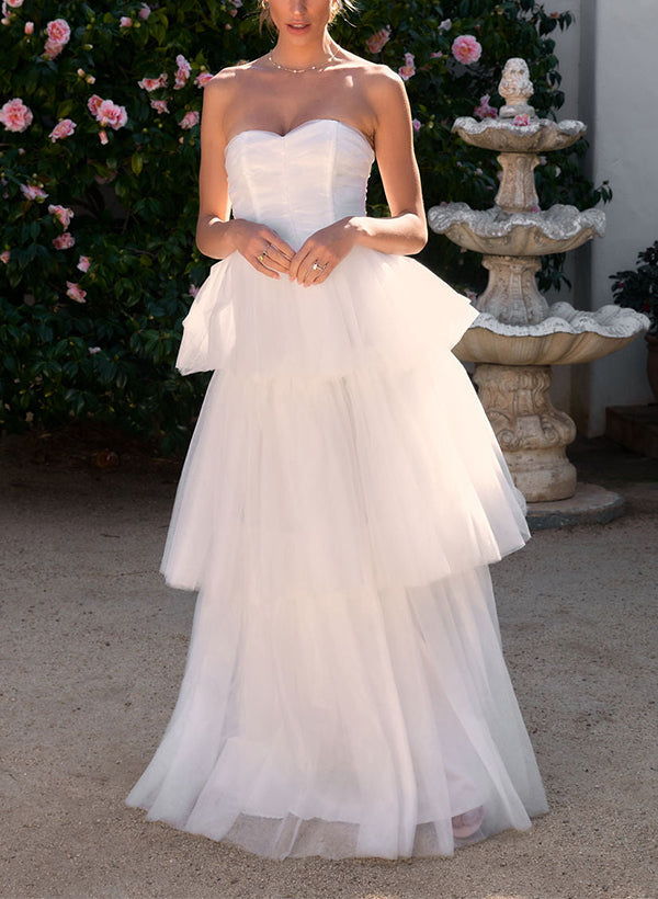 Chic A-line Elegant Sweetheart Sleeveless Floor-Length Tulle Wedding Dresses-Dbrbridal