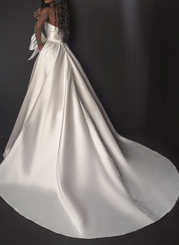 Chic A-line Elegant Sweetheart Sleeveless Sweep Train Satin Wedding Dresses Bows-Dbrbridal