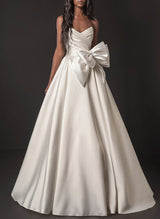 Chic A-line Elegant Sweetheart Sleeveless Sweep Train Satin Wedding Dresses Bows-Dbrbridal