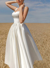 Chic A-line Elegant Sweetheart Sleeveless Tea-Length Satin Wedding Dresses-Dbrbridal