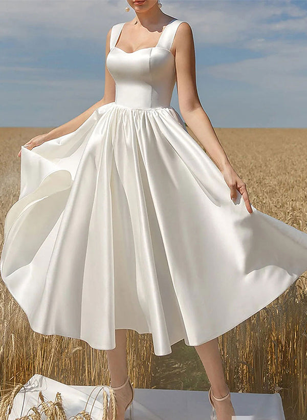 Chic A-line Elegant Sweetheart Sleeveless Tea-Length Satin Wedding Dresses-Dbrbridal