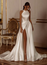 Chic A-line Halter Sleeveless Court Train Satin Wedding Dresses Bows-Dbrbridal