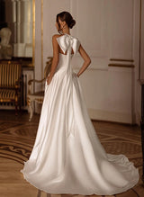 Chic A-line Halter Sleeveless Court Train Satin Wedding Dresses Bows-Dbrbridal