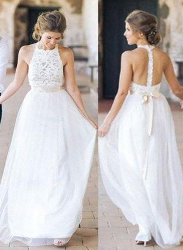 Chic A-line Halter Sleeveless Floor-Length Tulle Wedding Dress Lace Sash-Dbrbridal