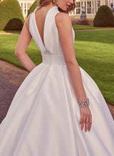 Chic A-line Halter Sleeveless Sweep Train Satin Wedding Dresses Pockets-Dbrbridal