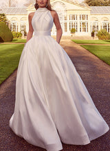 Chic A-line Halter Sleeveless Sweep Train Satin Wedding Dresses Pockets-Dbrbridal