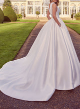 Chic A-line Halter Sleeveless Sweep Train Satin Wedding Dresses Pockets-Dbrbridal