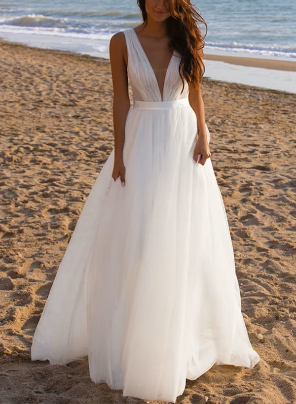 Chic A-line Hot Deep V-Neck Sleeveless Sweep Train Tulle Summer Beach Wedding Dresses-Dbrbridal