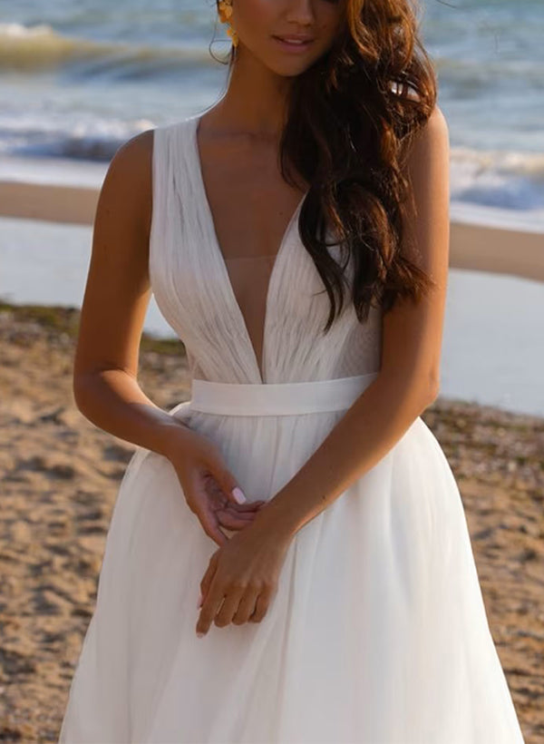 Chic A-line Hot Deep V-Neck Sleeveless Sweep Train Tulle Summer Beach Wedding Dresses-Dbrbridal