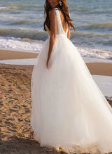 Chic A-line Hot Deep V-Neck Sleeveless Sweep Train Tulle Summer Beach Wedding Dresses-Dbrbridal