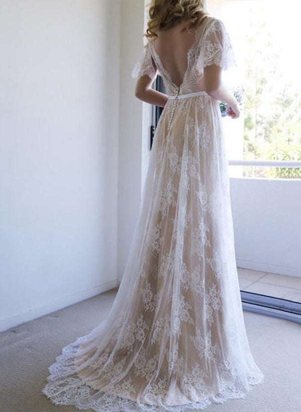 Chic A-line Lace V-Neck Sweep Train Wedding Dress Lace-Dbrbridal