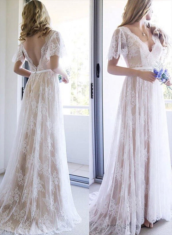 Chic A-line Lace V-Neck Sweep Train Wedding Dress Lace-Dbrbridal