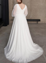 Chic A-line Long Sleeves Tulle Wedding Dresses V-Neck-Dbrbridal