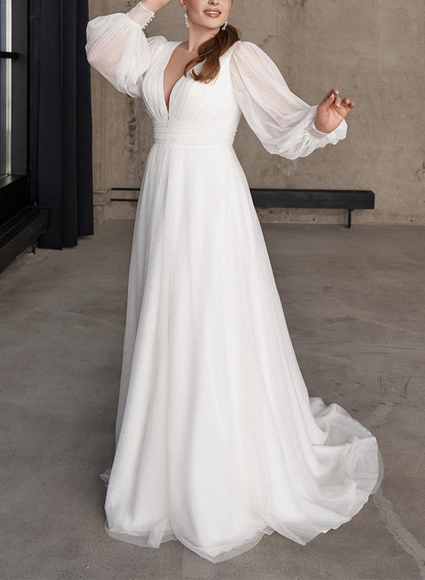 Chic A-line Long Sleeves Tulle Wedding Dresses V-Neck-Dbrbridal