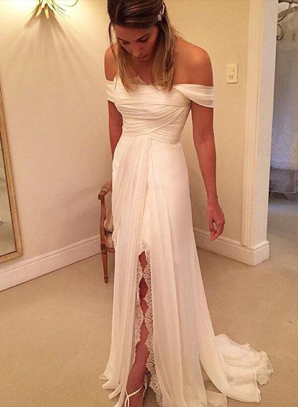 Chic A-line Off-The-Shoulder Chiffon Sweep Train Wedding Dresses Ruffle Lace Split Front-Dbrbridal